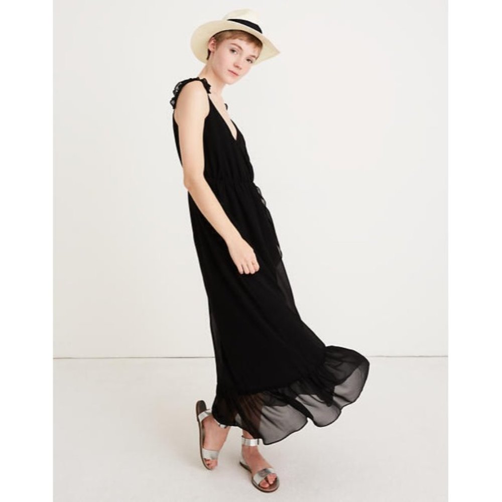 Madewell Women's Size 00 Black Ruffle Strap Faux Wrap Dress L2484